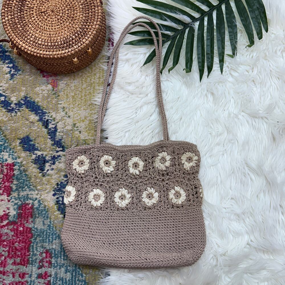 Vintage Y2K 2000s Frankie & Johnnie Brown Flower Crochet Shoulder Bag Purse